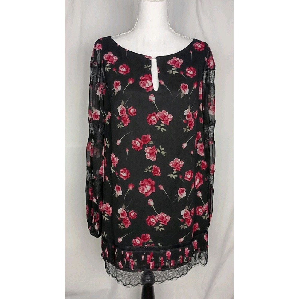 WHBM Women's Blouse Tunic Black Floral Medley Lace Trim Lantern Sleeve Sz 8 New
